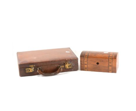 A Victorian Walton inlaid tea caddy, and a leather travelling correspondence case. (Qty: 2)