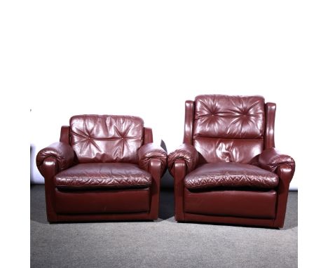 Brown leather three-piece suite, comprising a three-seater settee, 210cm and two easy chairs. (Qty: 3)