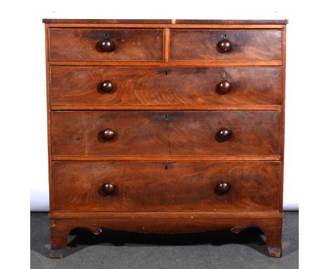 A Victorian mahogany chest of drawers, rectangular top, above two short and three long graduating drawers, turned handles, sp
