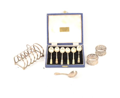 A set of six silver and enamelled coffee spoons, Turner &amp; Simpson Ltd, Birmingham 1966, cased, a silver toast-rack, six s