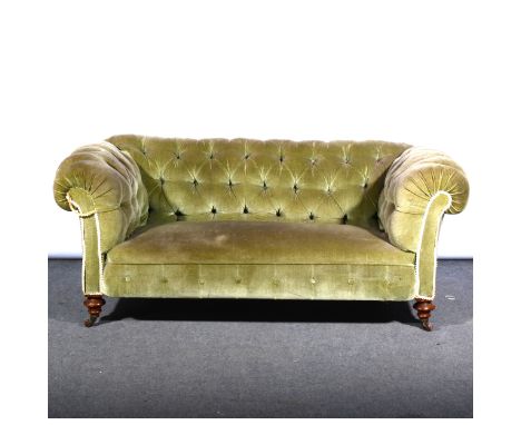 A Victorian Chesterfield settee, green button dralon upholstery, turned legs, on castors, length 183cm.