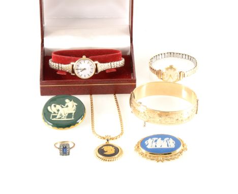 A collection of vintage costume jewellery and wrist watches, a gold-plated 16mm wide half hinged bangle, engraved decoration 