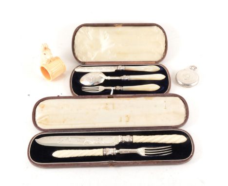 A silver christening set (knife, fork and spoon), George Unite, Birmingham 1858, cased, a large Victorian silver knife and fo