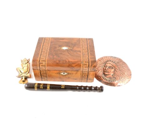 A marquetry inlaid walnut box, 30cm, Northampton Special Constable truncheon 38cm, ARP whistle, 1918 whistle and an Acme Sire