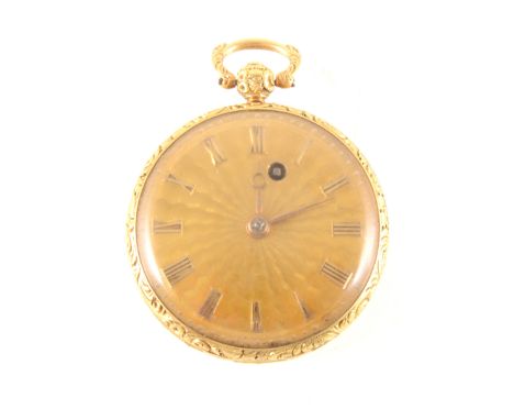 An 18 carat yellow gold open face pocket watch by Crambrook 379 Strand, the gold sunray design dial having a roman numeral ch