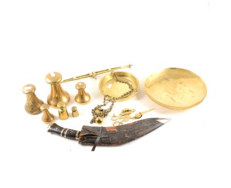 Set of brass balance scales, by Day &amp; Milward Limited; weights, candle snuffer and a kukri knife.