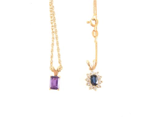 A sapphire and diamond pendant and chain and an amethyst pendant and chain, the oval mixed cut sapphire surrounded by ten bri