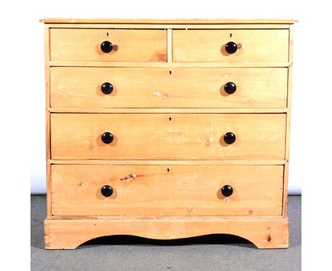 Pine chest of drawers, fitted with two short and three long drawers, bracket feet, width 105cm.