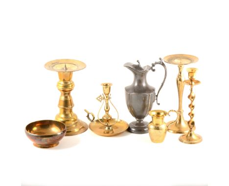 An aneroid wall barometer/thermometer, by Heath &amp; Co, Leicester; and a box of assorted copper and brassware, candlesticks