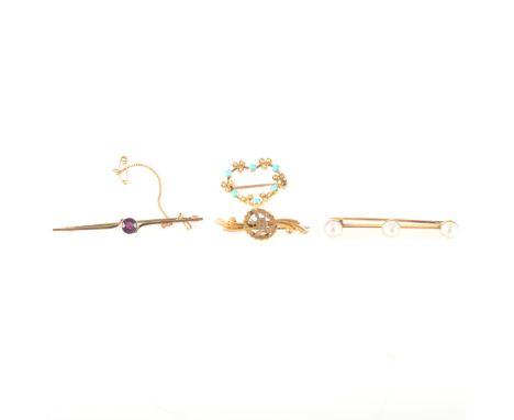 Four vintage brooches, a yellow metal 25mm open heart brooch set with seed pearls and six turquoise, a yellow metal 53mm bar 