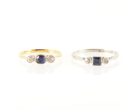 Two sapphire and diamond three stone rings, one having a square cut sapphire and two 8 cut diamonds milgrain set in an all wh