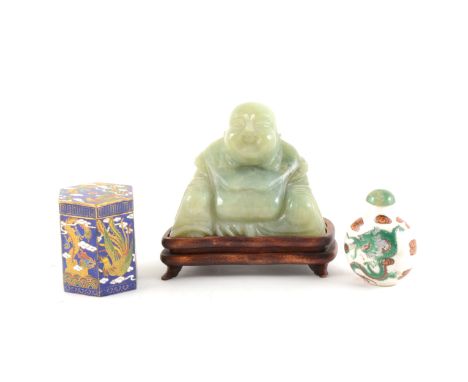 Modern carved jade figure of Hotei, on wooden stand; a jade top scent bottle; and cloisonné hexagonal box and cover with drag