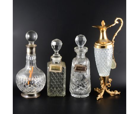 Continental silver mounted decanter, other decanters, some with plated labels, boxed crystal glassware, etc. (Qty: 3 boxes)