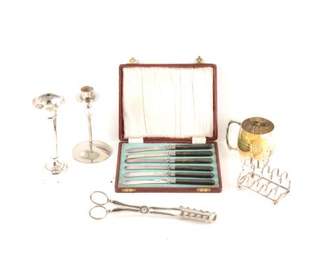 A glass inkwell with silver mount and lid, John Grinsell &amp; Sons, Birmingham 1908, two silver topped trinket boxes, trinke