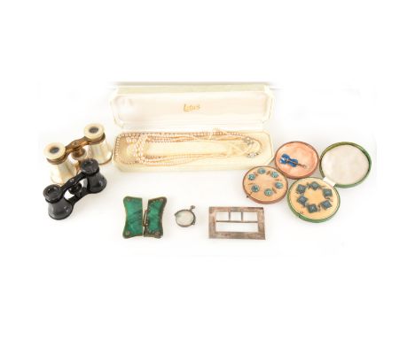 A tray of Victorian and later collectables, two cased sets of gun metal dress studs, a silver belt buckle by Stokes &amp; Ire