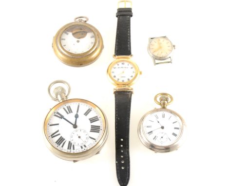 A collection of white metal pocket watches, two wrist watches, a large nickel pocket watch, white enamel dial with a roman nu