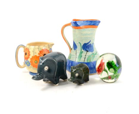 Myott art pottery jug, painted with tulips, 23cm, Grays pottery chrysanthemum jug, cake stand, Royal Doulton plate etc, two b