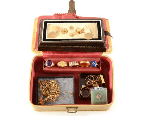 A collection of gold jewellery, rings, chains, bracelet, cufflinks, studs etc, an 18 carat yellow gold shield shape signet wi