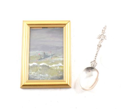 A Victorian silver spoon, a gift from Lionel Jeffries the actor and screenwriter and a small painting by Lionel Jeffries, a V