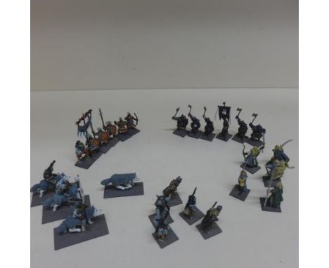 A collection of 259 Lord of the Rings/Fantasy/Wargaming metal/plastic figures - 63 Wood Elves, 20 Wolves and 15 Riders, 53 Ur