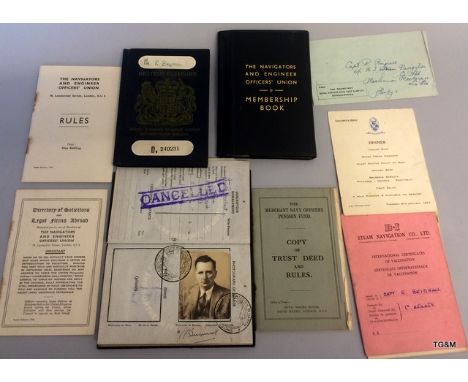 Two vintage British passports with a Navigators & Engineer Officers membership book and other documents belonging to Chief Of