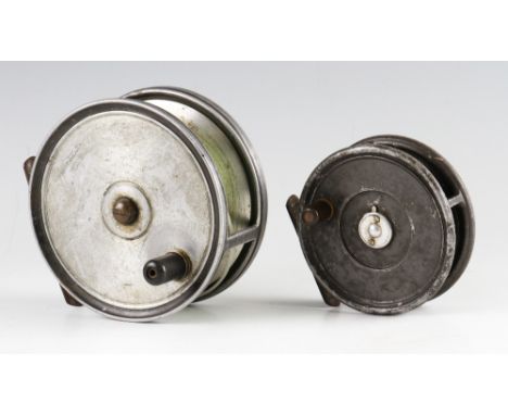 2x early alloy fly reels: scarce Preedy Pat Appl'd  4.25" salmon reel with ivorine crazed button to the back plate, brass smo