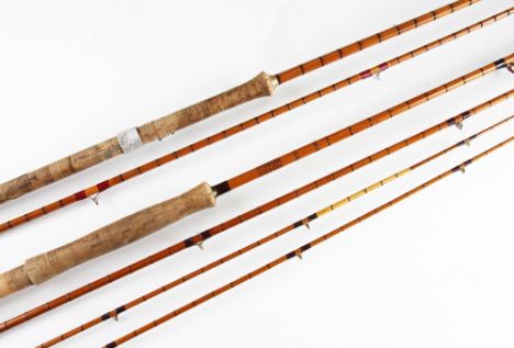 2x J.J.S Walker Bampton Alnwick split cane fresh water game rods: 7'10" two-piece spinning rod with lined butt and tip guides