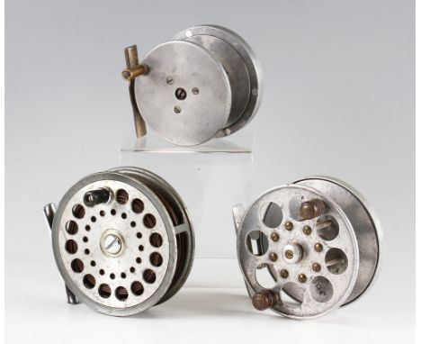 2x Interesting Wide Drum and Narrow Salmon Reels (3): unnamed Ex-wide 3.25"dia x 2 3/16" alloy fly reel with forked brass bac