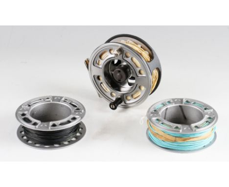 Greys GTX No.3 hi-tech fly reel with 2 spare spools: 4" dia quick release drum latch, back plate ratchet all with various fly