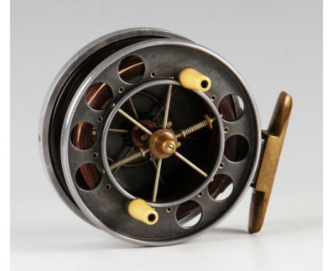 Allcock Aerial 3.5" Alloy reel with half ebonite drum- stamped Patent between the 8 perforated holes to the front flange, two