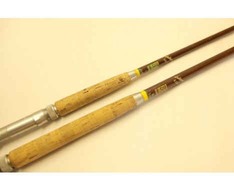 2x Hardy Saltwater rods - both 7ft 2pc brown fibalite rods - one for 50lb line and the other 20lb line, both with ring tips, 
