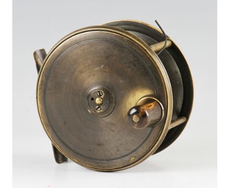 Early C Farlow and Co 191 The Strand Brass Patent lever salmon fly reel: 4.25" dia, stamped on the back plate with makers det