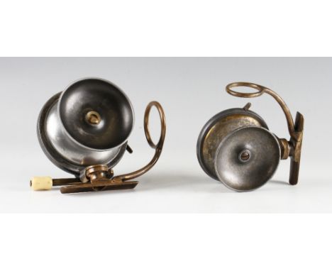Malloch Patent Side Casting Reels (2): 4" dia alloy and brass sidecaster with ivory handle brass side lever, quick release re