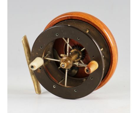 Fine Allcocks Coxon Aerial 4 spoke reel (c.1896-1905): 3" dia (Model 4104-T2) tapered horn handles, rosewood back plate, 4x s