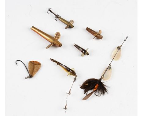 Early Lures (7) - comprising  4x Hardy incl early Pennell, minnows, a boxed Natural Minnow, Brass Wire Spiral Devon (pat 2782