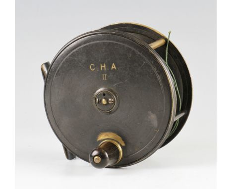 C Farlow & Co Ltd 10 Charles St. St James Square London Gunmetal Patent Lever salmon reel c. 1920 - 4.75" dia stamped on the 