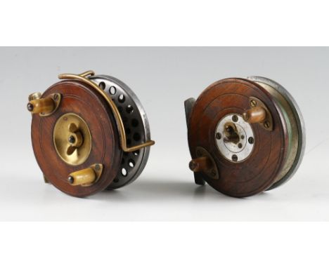 2x Wooden and Alloy combination reels c.1930: 3.5" narrow drum with alloy 4x screw drum release latch, twin horn handles, bra