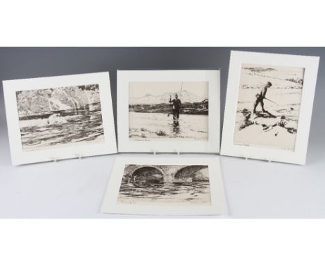 Norman Wilkinson fishing prints (4): titled "The Kettle Pool"; "A Sutherland River"; "Coming to the Gaffe" and "The Bridge Po
