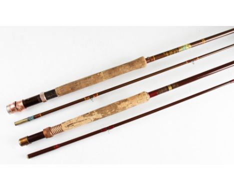 2x interesting vintage fibreglass fly rods: to incl Farlow, Sharp "Gold Band Rod" 9'6" 2pc - line #7-6, with bronzed anodised