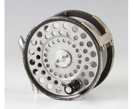 Hardy "The Zenith" alloy wide drum fly reel: 3 3/8" dia - with two screw drum release latch, black ebonite handle, small allo