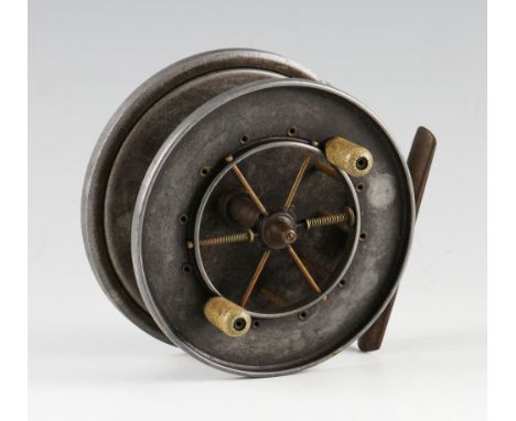 Allcock The Aerial "Popular" alloy reel: 4"dia six spoke with tension regulator, twin crazed ivorine handles, smooth brass fo