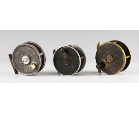 3x various alloy and brass plate wind fly reels: good 3" brass plate wind reel with silk line; J.J.S Walker Bampton & Co Alnw