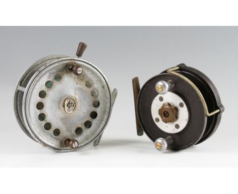 2x vintage unnamed alloy sea reels: alloy 6"dia with s single row perforations to the faceplate, twin bulbous turned wooden h