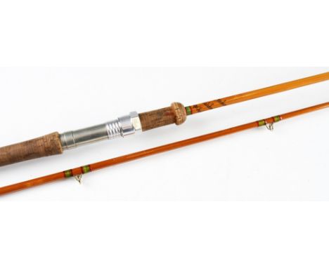 Fine Hardy "The Marksman" Palakona Spinning Rod: 8ft 4in  2pc split cane rod with green whipped guides, red tips and agate li