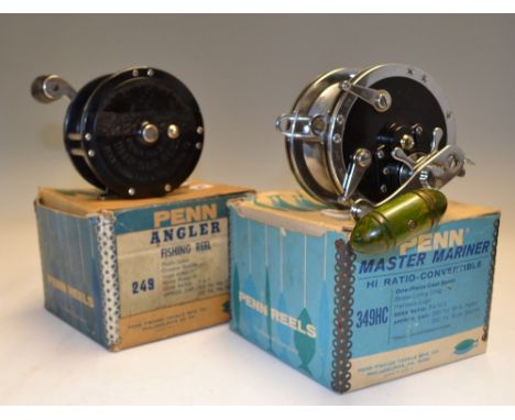 2x vintage Penn Sea Reels in original makers boxes - Penn Master Mariner 349HC stainless steel frame and spool, harness lugs 