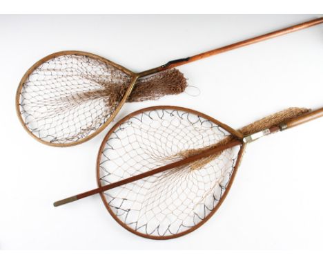 2x early trout landing nets: Farlow's style  wooden Gye landing net with pear shaped frame, replaced alloy belt clip - square