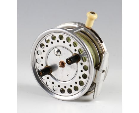 Hardy Silex Major 3.75" alloy casting spitfire finish reel - drum release button, twin black handles, with ivorine handle bra