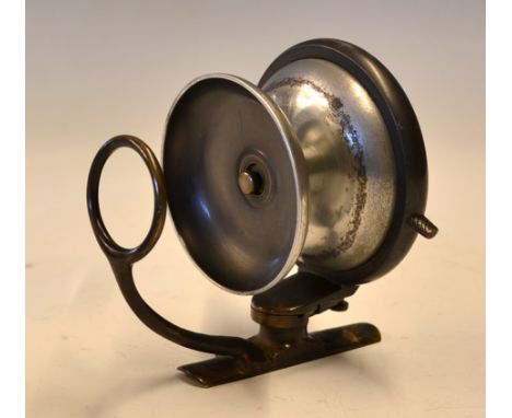 P.D Malloch Patent Side Casting Reel: Malloch Patent gunmetal and alloy sidecaster with dark horn handle, on/off rim check le
