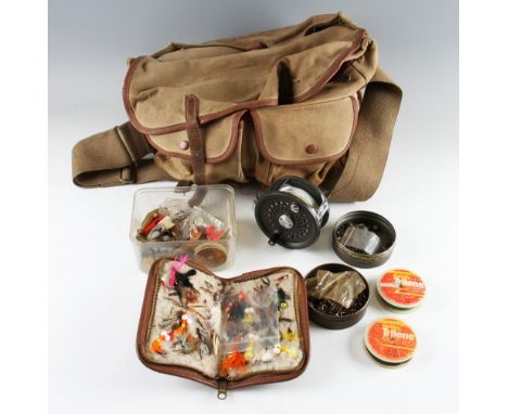 Brady Canvas and leather tackle bag, vintage wooden landing net, Orvis Spey Reel and other tackle: Large Brady bag with pocke