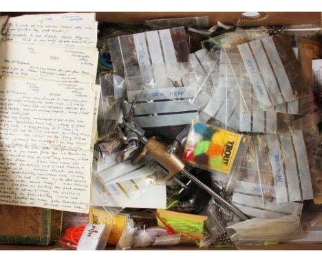 Large collection of fly tying materials and vice et al and ephemera : K.F Odames Engineers Leicester Fly tying vice, 4x woode